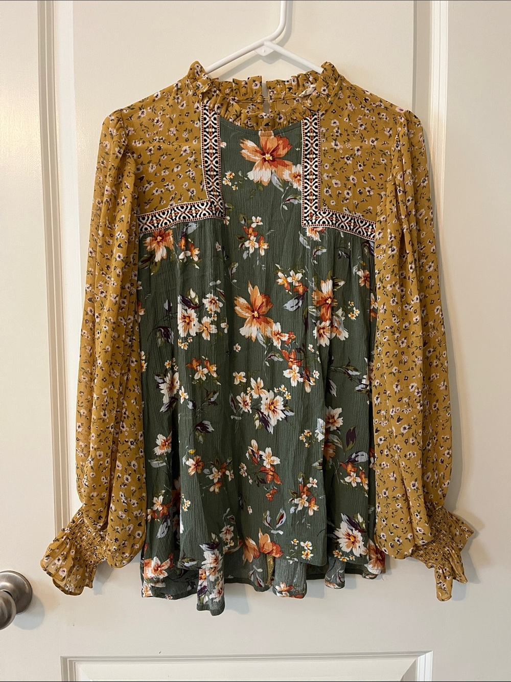 JODIFL Floral Patchwork Ruffle Neck Blouse - Mustard & Olive